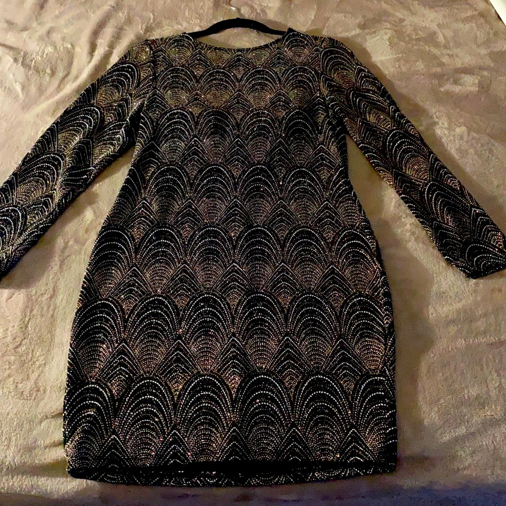 Sparkle Evening Dress-Long Sleeve-Gold-Black&White